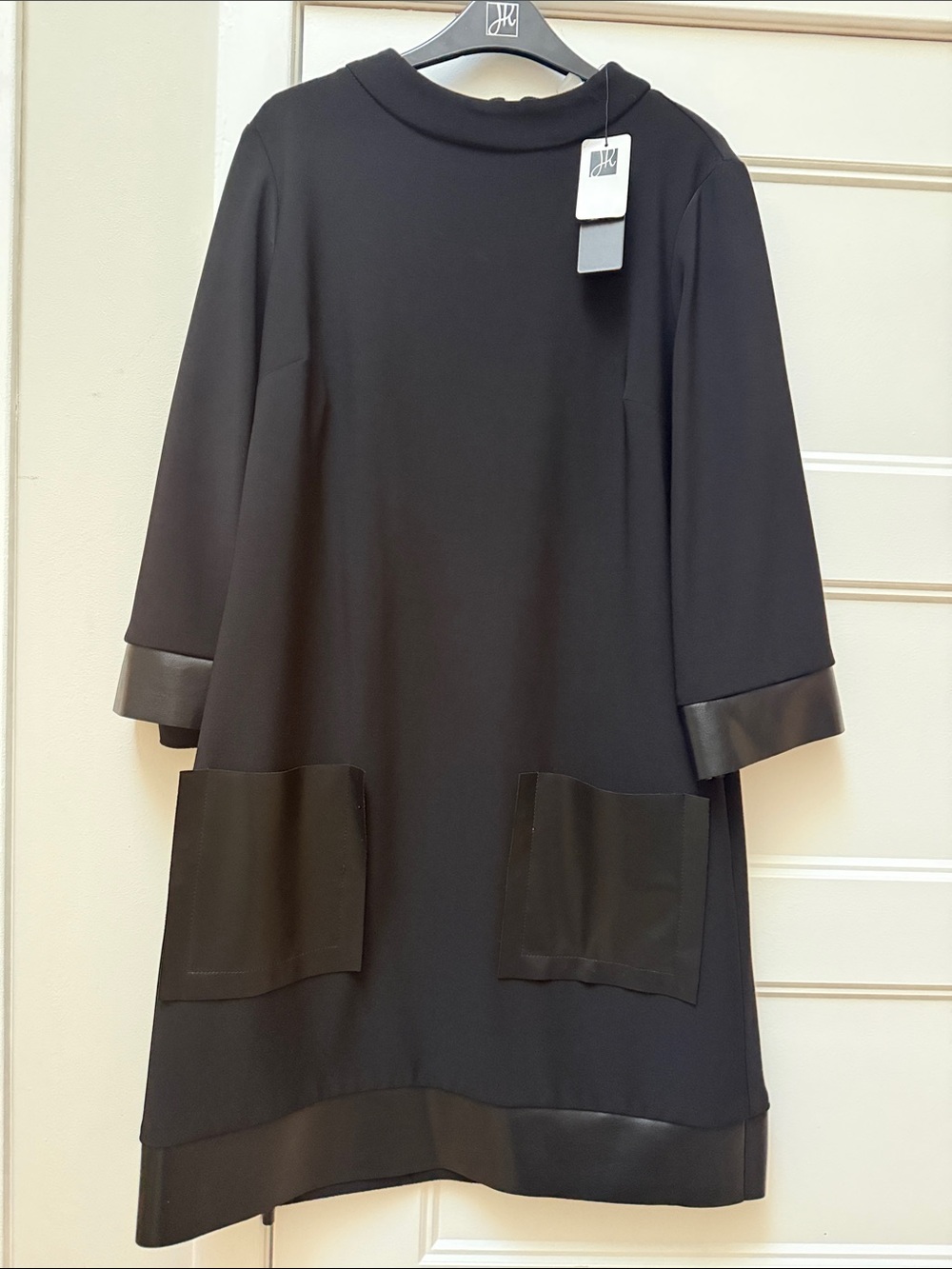 Joseph Ribkoff Black Long-Sleeve Shift Dress with Faux-Leather Trim
